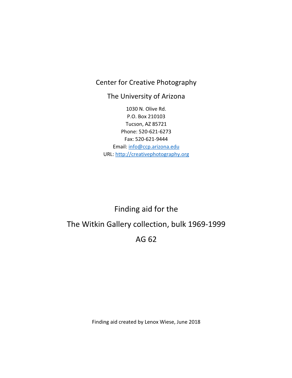 Finding Aid for the Witkin Gallery Collection