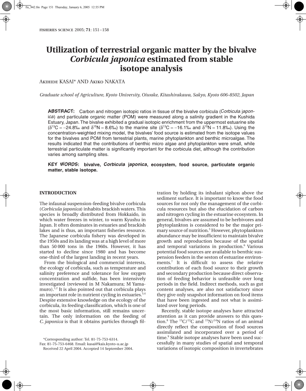 Utilization of Terrestrial Organic Matter by the Bivalve Corbicula Japonica Estimated from Stable Isotope Analysis