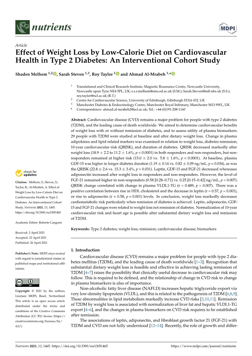 Effect of Weight Loss by Low-Calorie Diet on Cardiovascular Health in Type 2 Diabetes: an Interventional Cohort Study