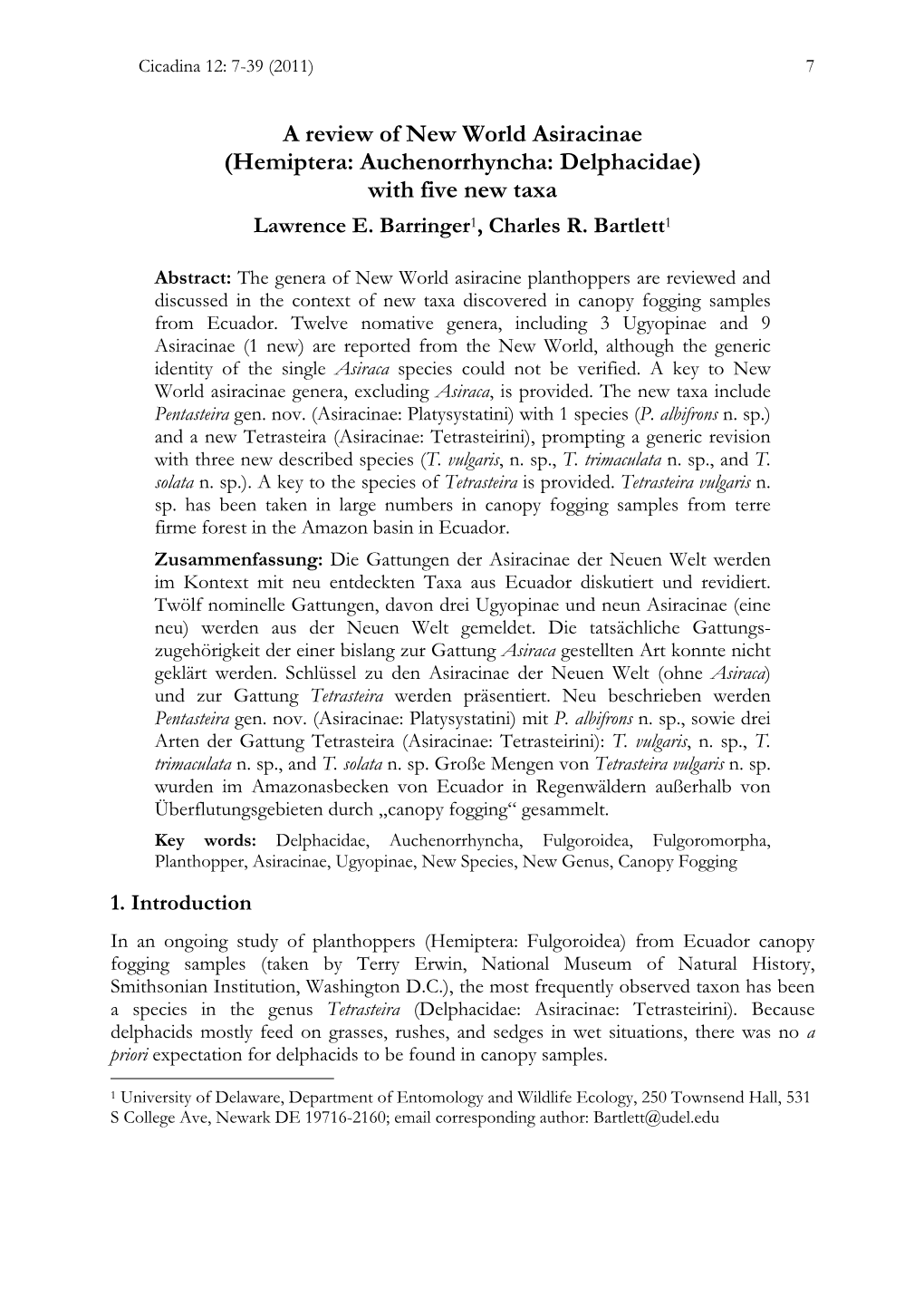 (Hemiptera: Auchenorrhyncha: Delphacidae) with Five New Taxa Lawrence E