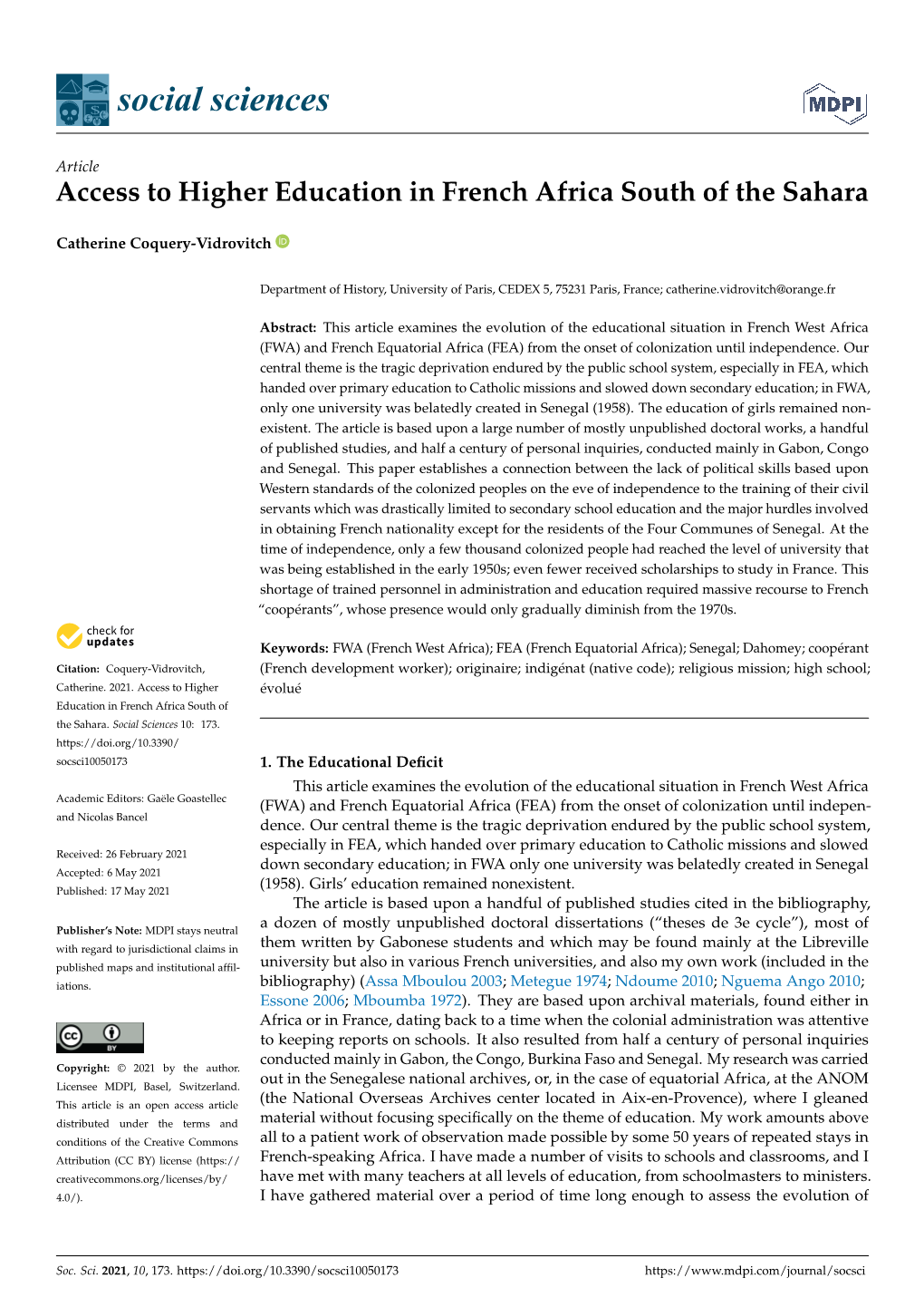 Access to Higher Education in French Africa South of the Sahara