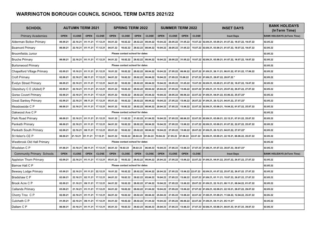 School Holiday List 2021/2022