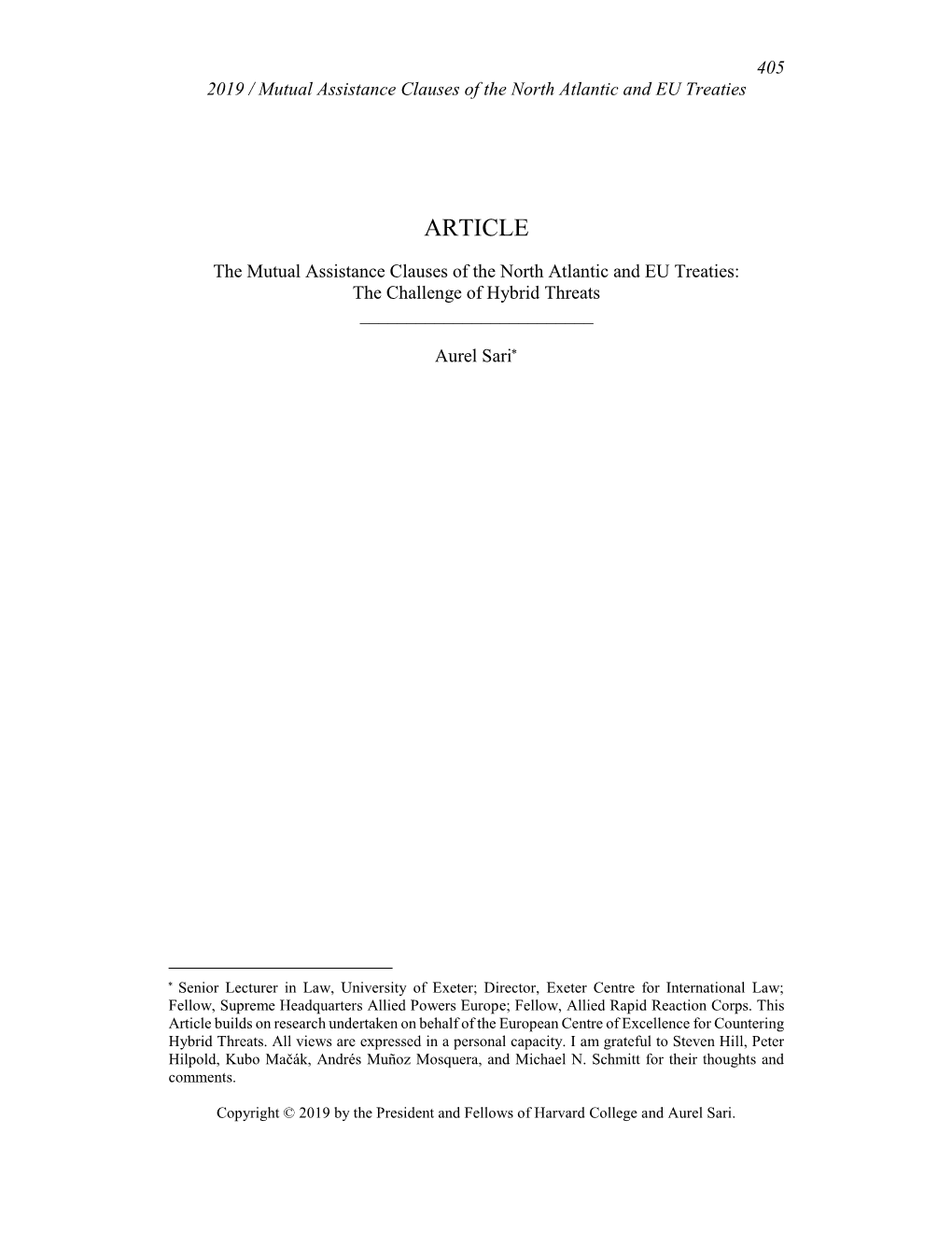 The Mutual Assistance Clauses of the North Atlantic and EU Treaties: the Challenge of Hybrid Threats ______