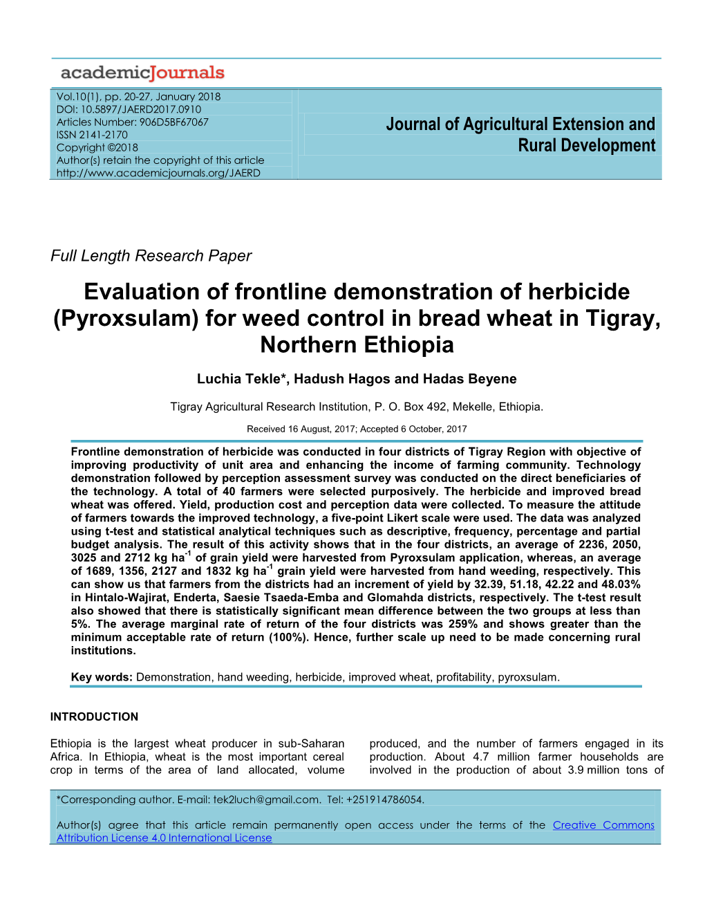 Evaluation of Frontline Demonstration of Herbicide (Pyroxsulam) for Weed Control in Bread Wheat in Tigray, Northern Ethiopia