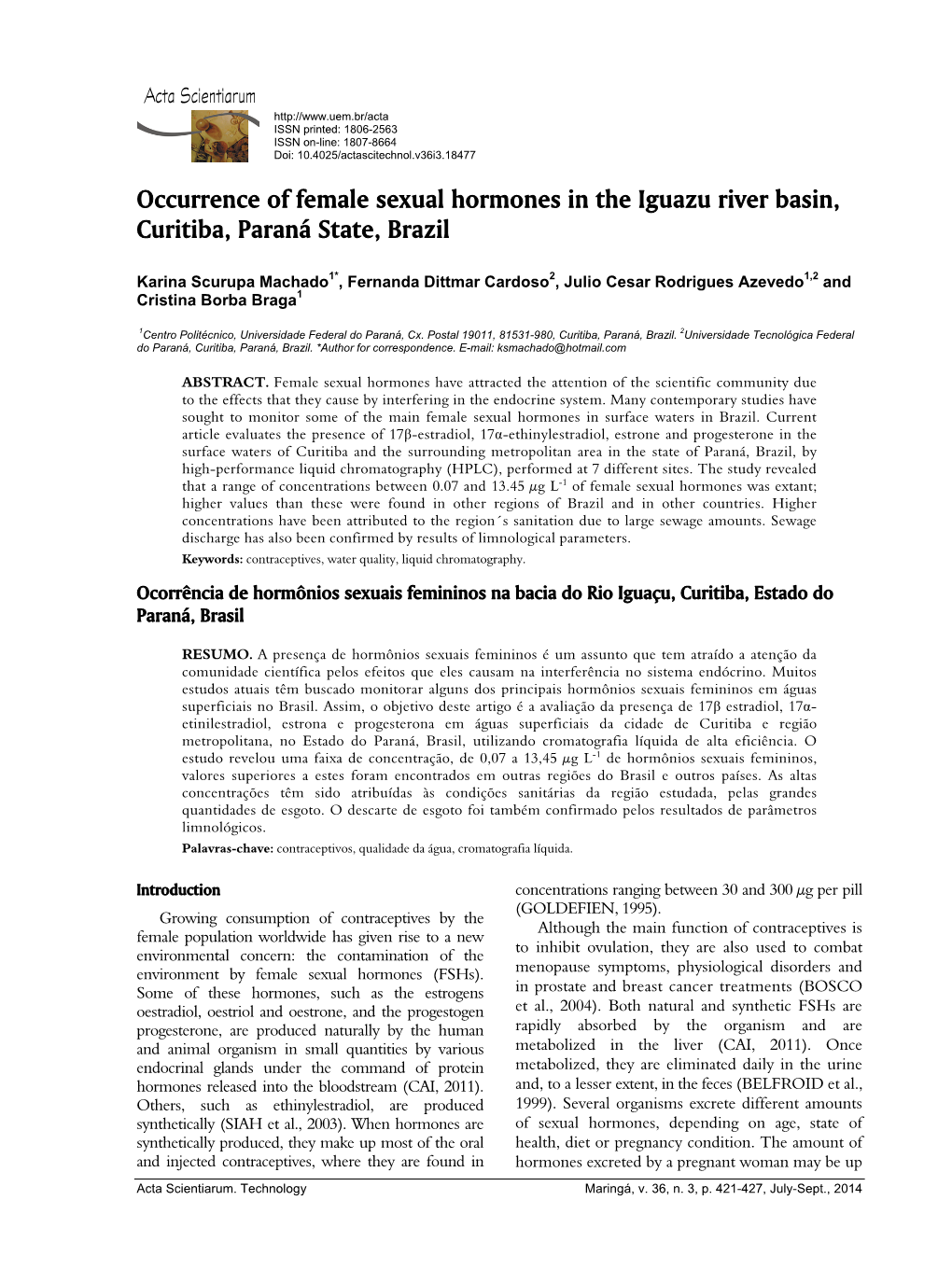 Occurrence of Female Sexual Hormones in the Iguazu River Basin, Curitiba, Paraná State, Brazil