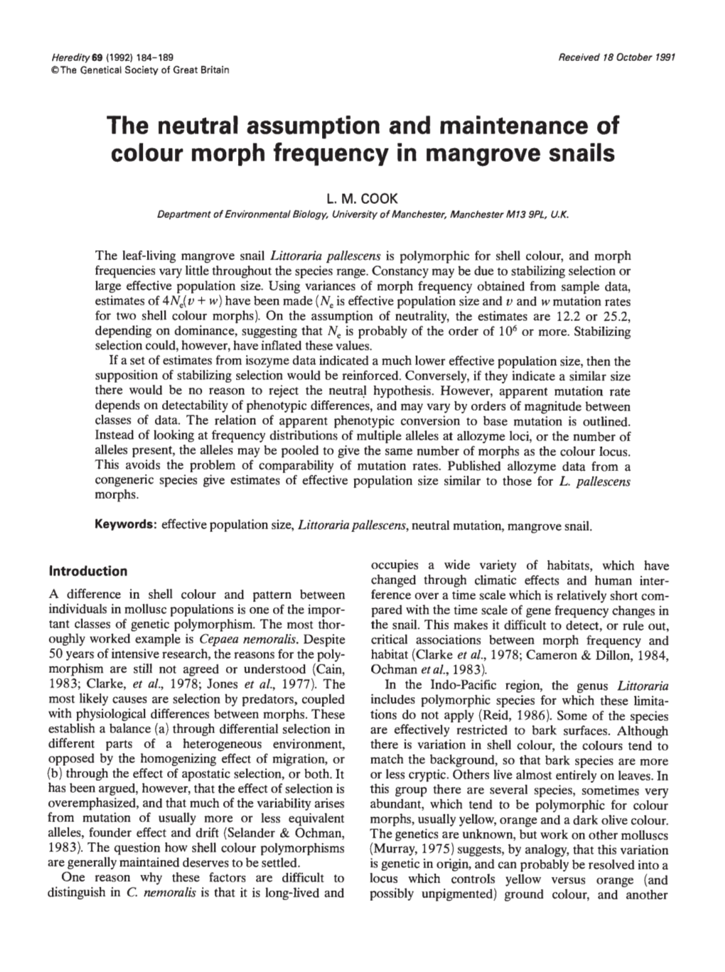 The Neutral Assumption and Maintenance of Colour Morph Frequency in Mangrove Snails