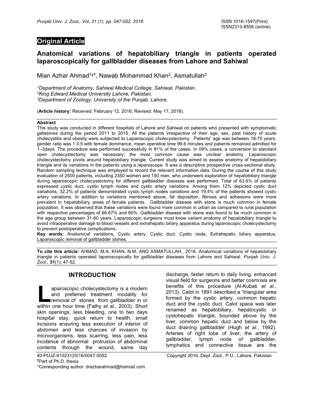 Anatomical Variations of Hepatobiliary Triangle in Patients Operated Laparoscopically for Gallbladder Diseases from Lahore and Sahiwal