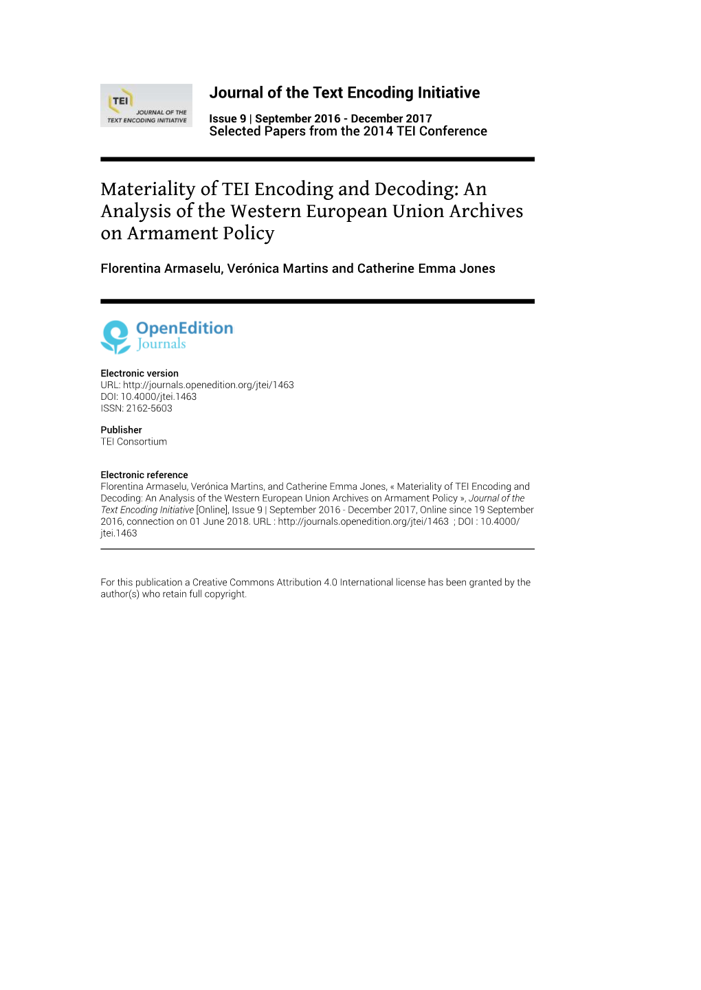 Materiality of TEI Encoding and Decoding: an Analysis of the Western European Union Archives on Armament Policy