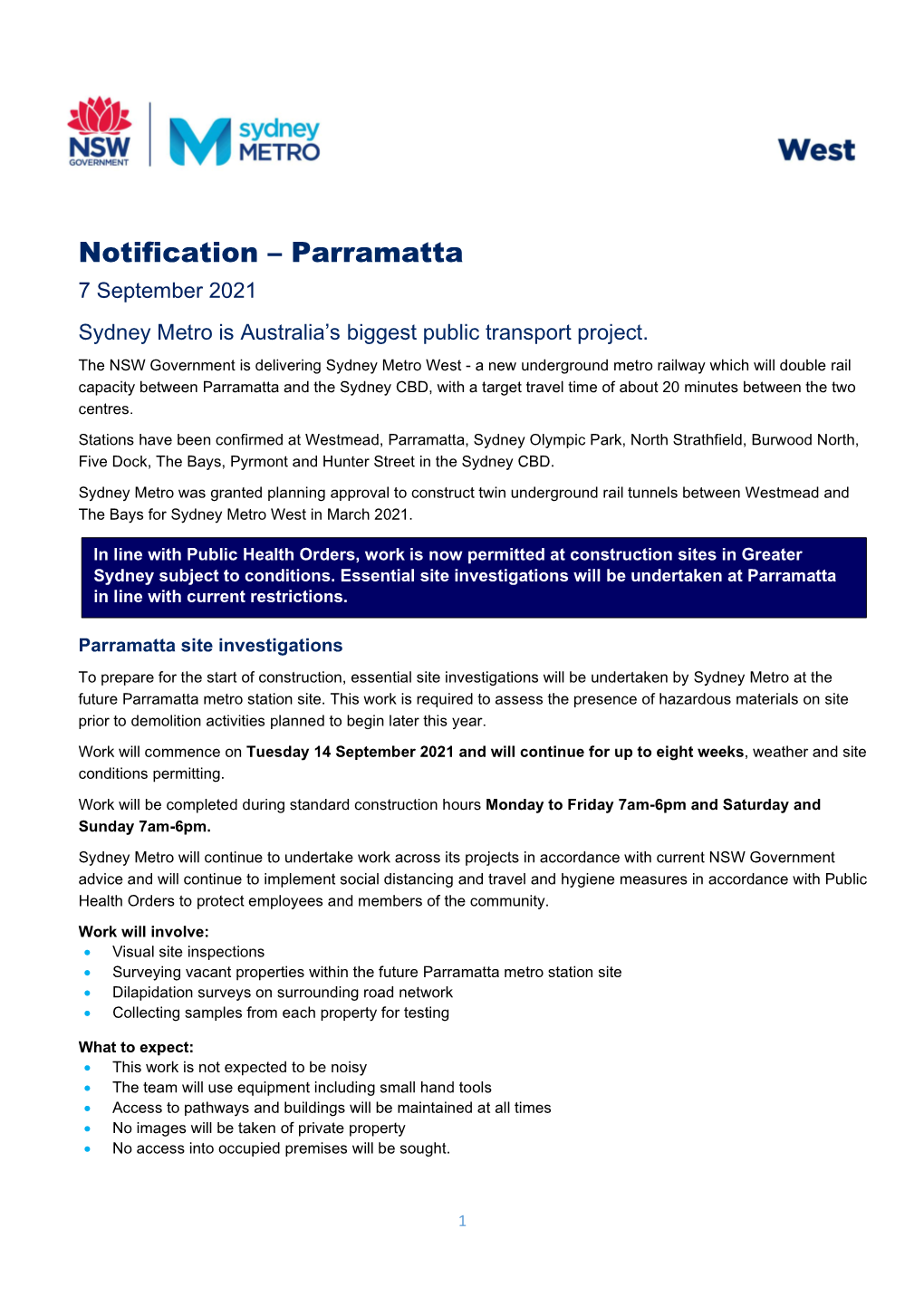 Notification – Parramatta 7 September 2021 Sydney Metro Is Australia’S Biggest Public Transport Project