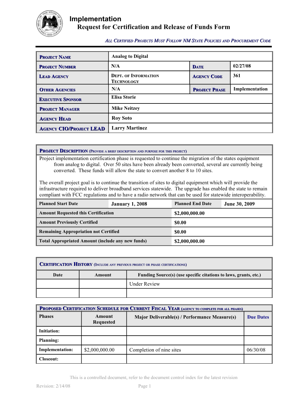 Request for Certification and Release of Funds Form s14