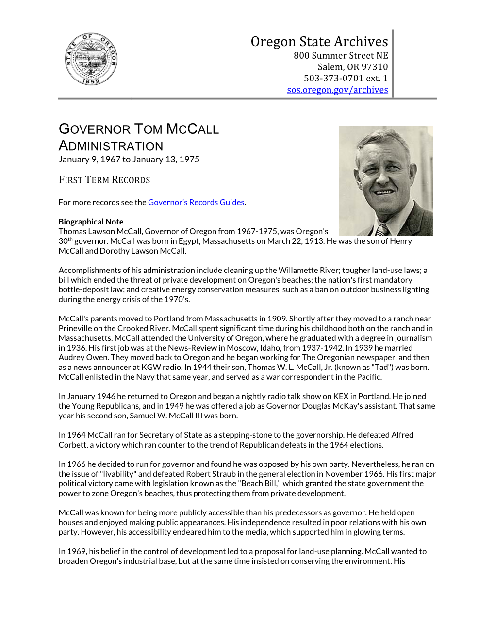 Governor Tom Mccall's Administration First Term Messages