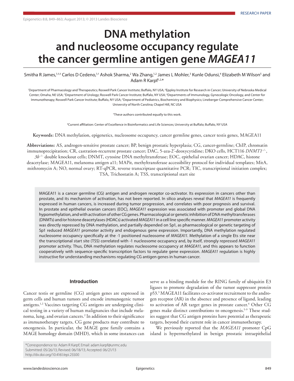 DNA Methylation and Nucleosome Occupancy Regulate the Cancer Germline Antigen Gene MAGEA11