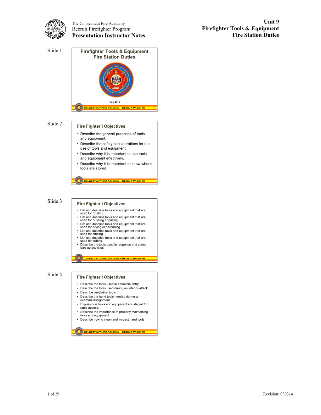 Presentation Instructor Notes Unit 9 Firefighter Tools & Equipment Fire