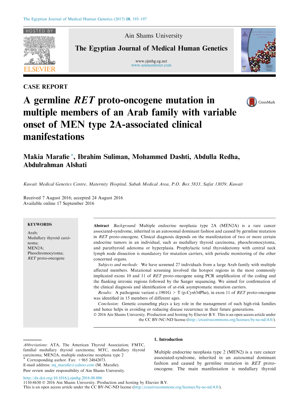 A Germline RET Proto-Oncogene Mutation in Multiple Members of an Arab Family with Variable Onset of MEN Type 2A-Associated Clinical Manifestations