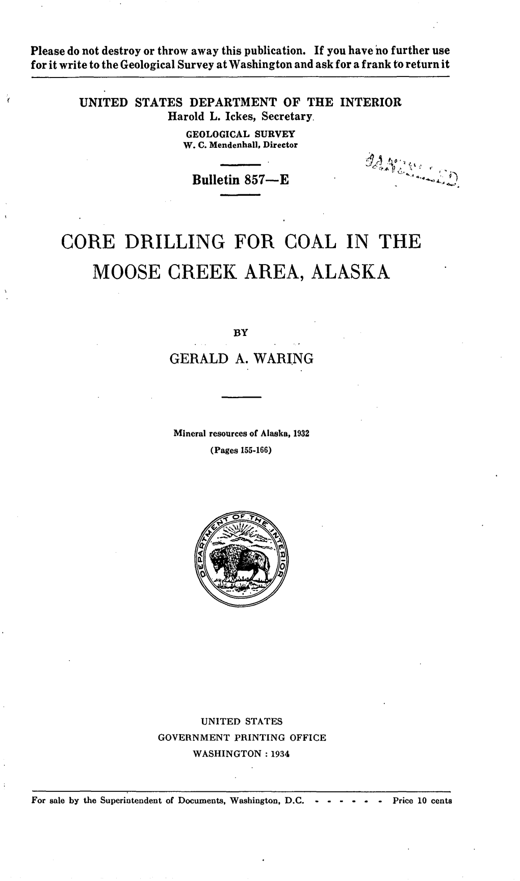 Core Drilling for Coal in the Moose Creek Area, Alaska