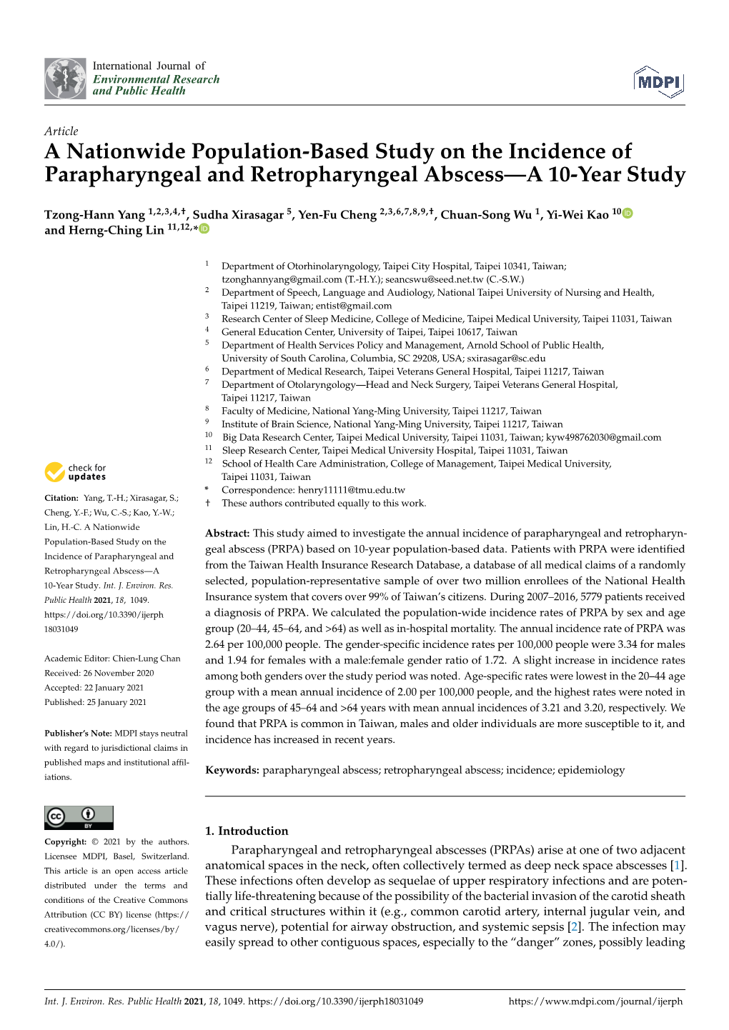 A Nationwide Population-Based Study on the Incidence of Parapharyngeal and Retropharyngeal Abscess—A 10-Year Study