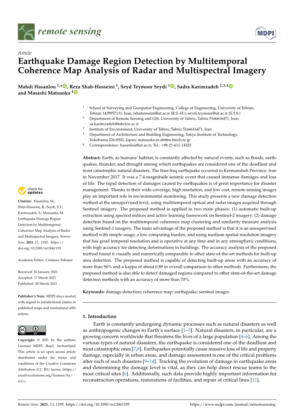 Earthquake Damage Region Detection by Multitemporal Coherence Map Analysis of Radar and Multispectral Imagery