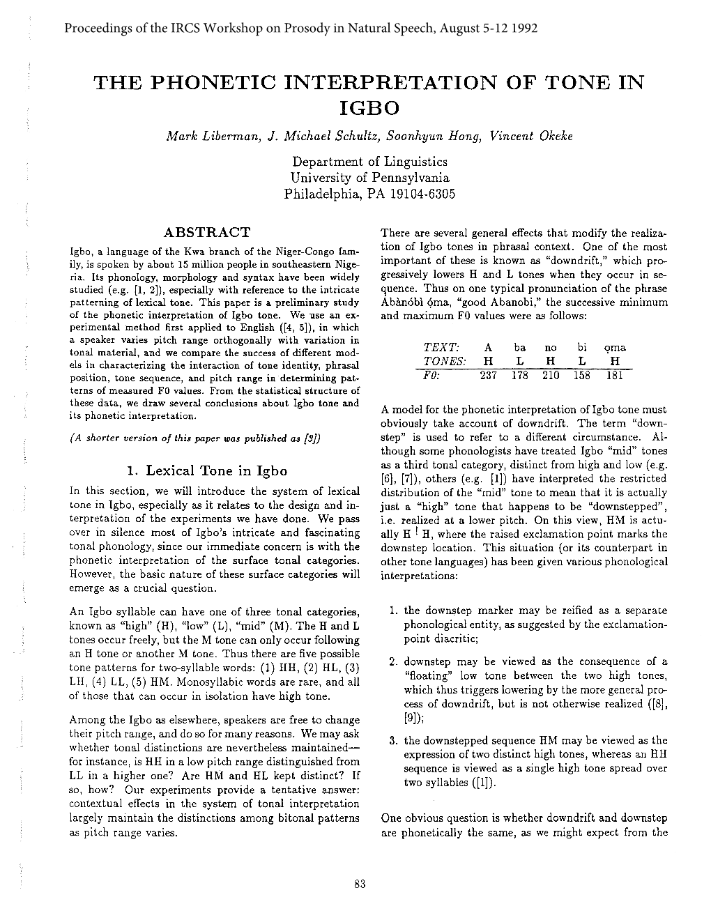 THE PHONETIC INTERPRETATION of TONE in IGBO Mark Liberman, J