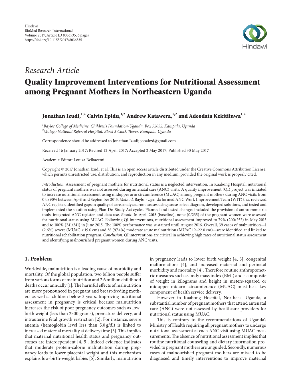 Quality Improvement Interventions for Nutritional Assessment Among Pregnant Mothers in Northeastern Uganda