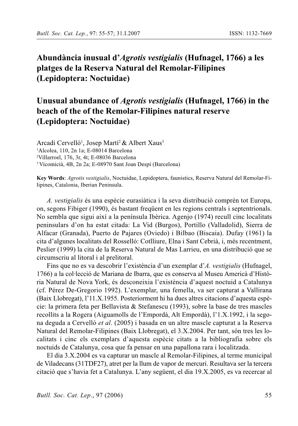 Abundància Inusual D'agrotis Vestigialis (Hufnagel, 1766) a Les Platges De La Reserva Natural Del Remolar-Filipines (Lepidopt