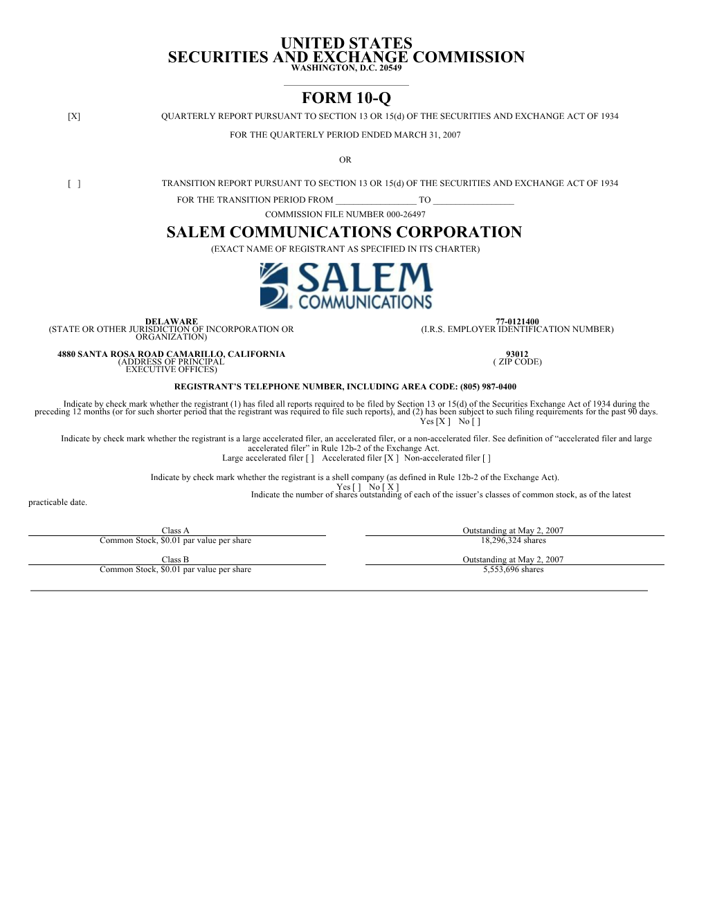 Salem Communications Form 10-Q