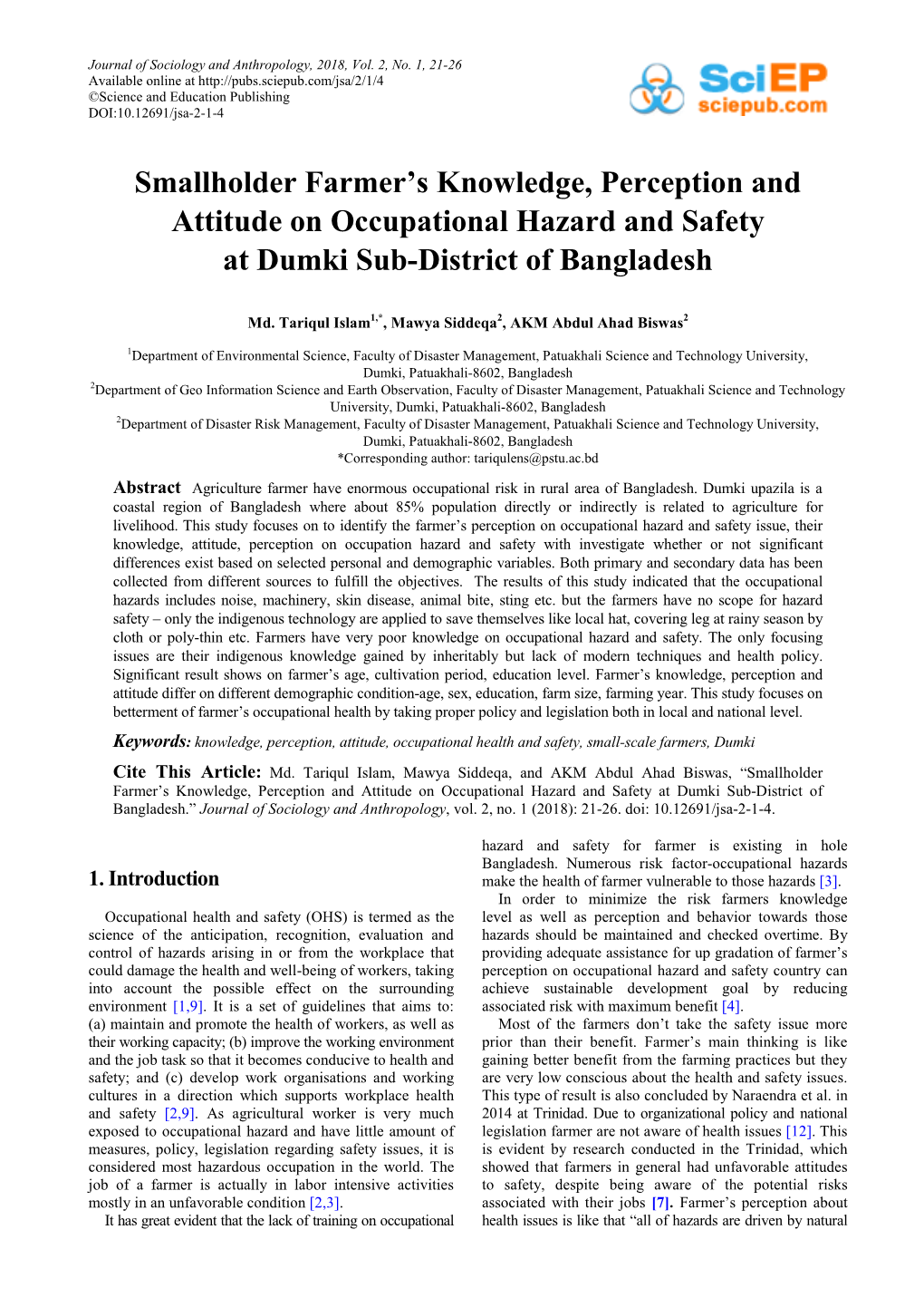 Smallholder Farmer's Knowledge, Perception and Attitude on Occupational Hazard and Safety at Dumki Sub-District of Bangladesh