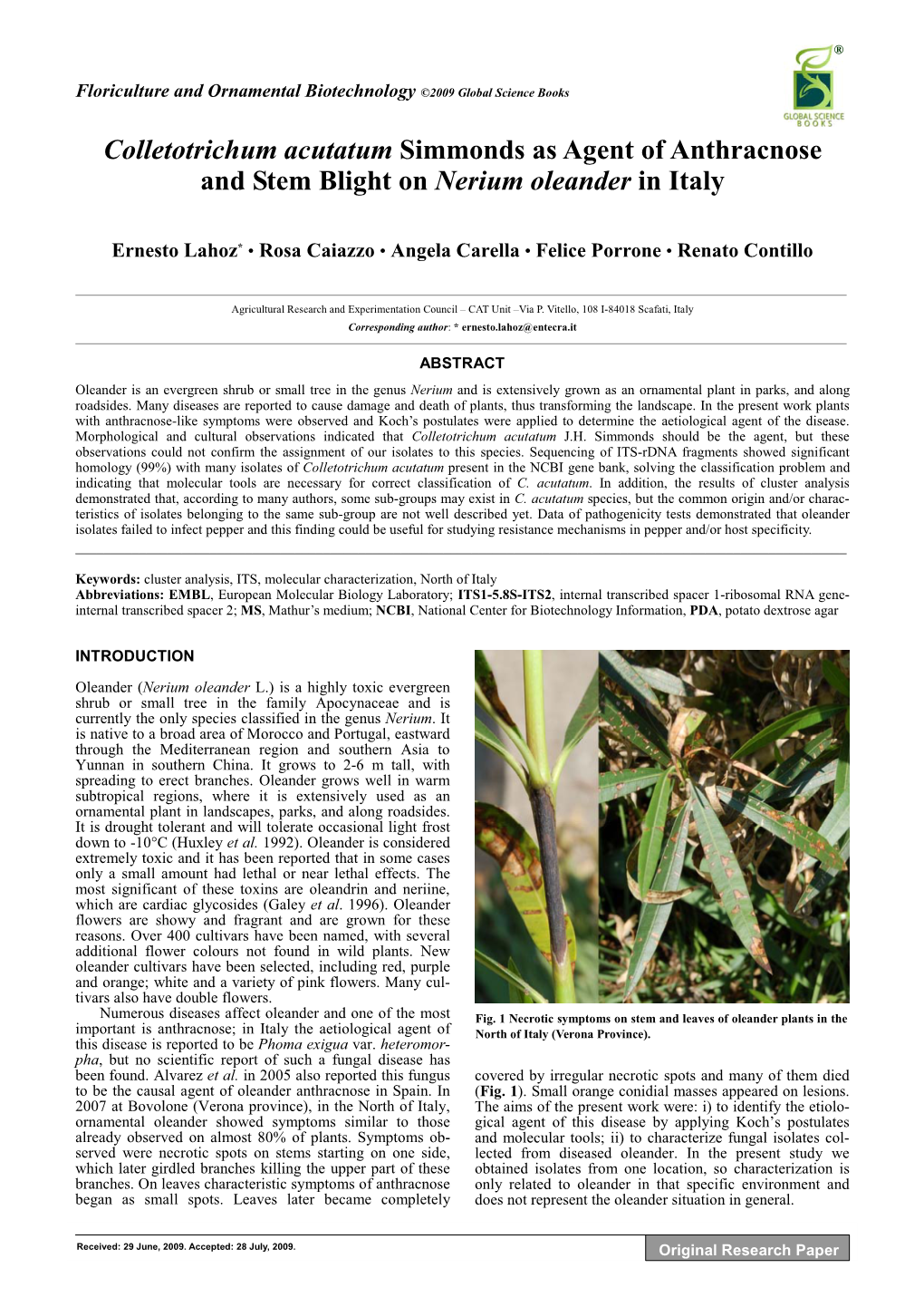 Colletotrichum Acutatum Simmonds As Agent of Anthracnose and Stem Blight on Nerium Oleander in Italy