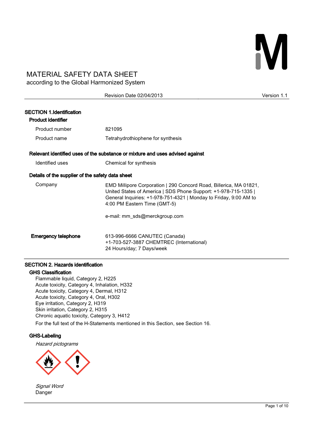 MATERIAL SAFETY DATA SHEET According to the Global Harmonized System