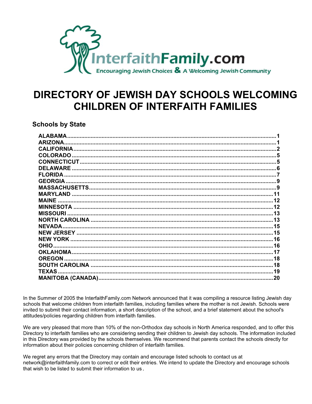 Directory of Jewish Day Schools Welcoming Children of Interfaith Families