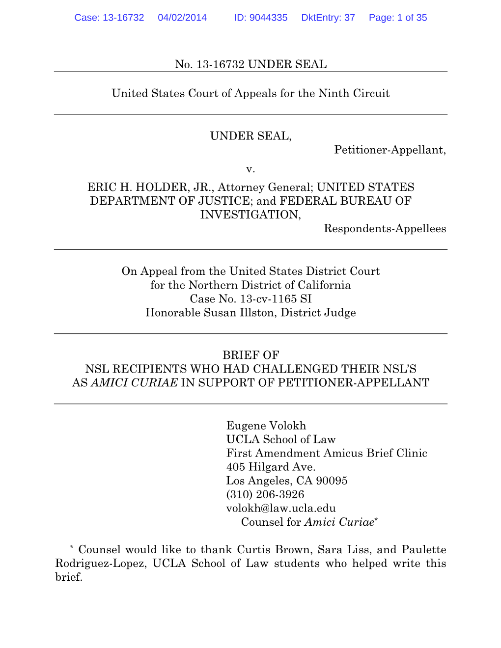 No. 13-16732 UNDER SEAL United States Court of Appeals for The