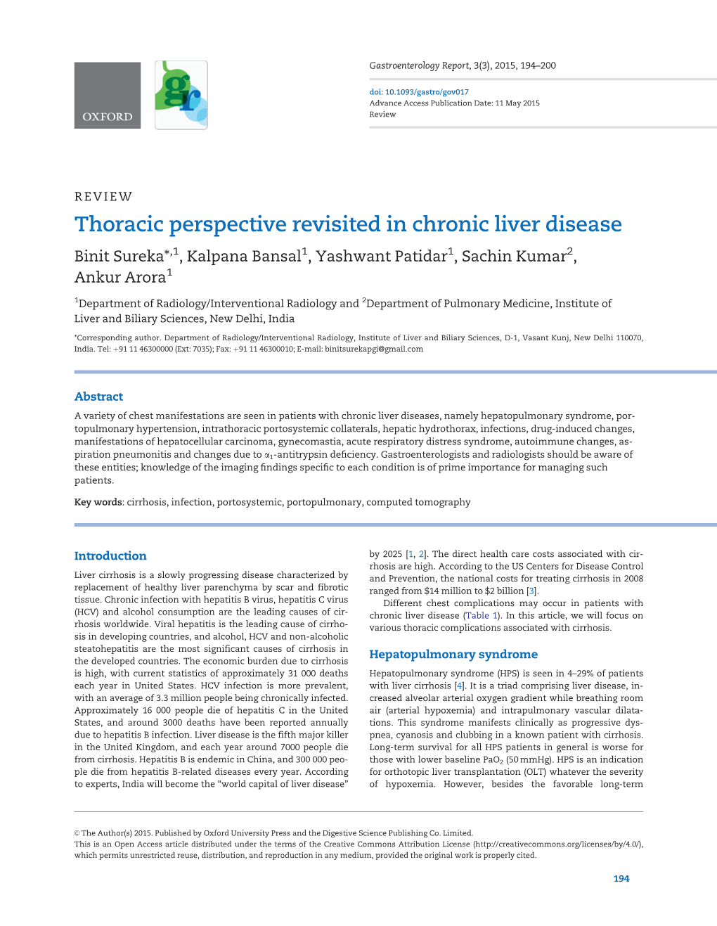 Thoracic Perspective Revisited in Chronic Liver Disease Binit Sureka*,1, Kalpana Bansal1, Yashwant Patidar1, Sachin Kumar2, Ankur Arora1