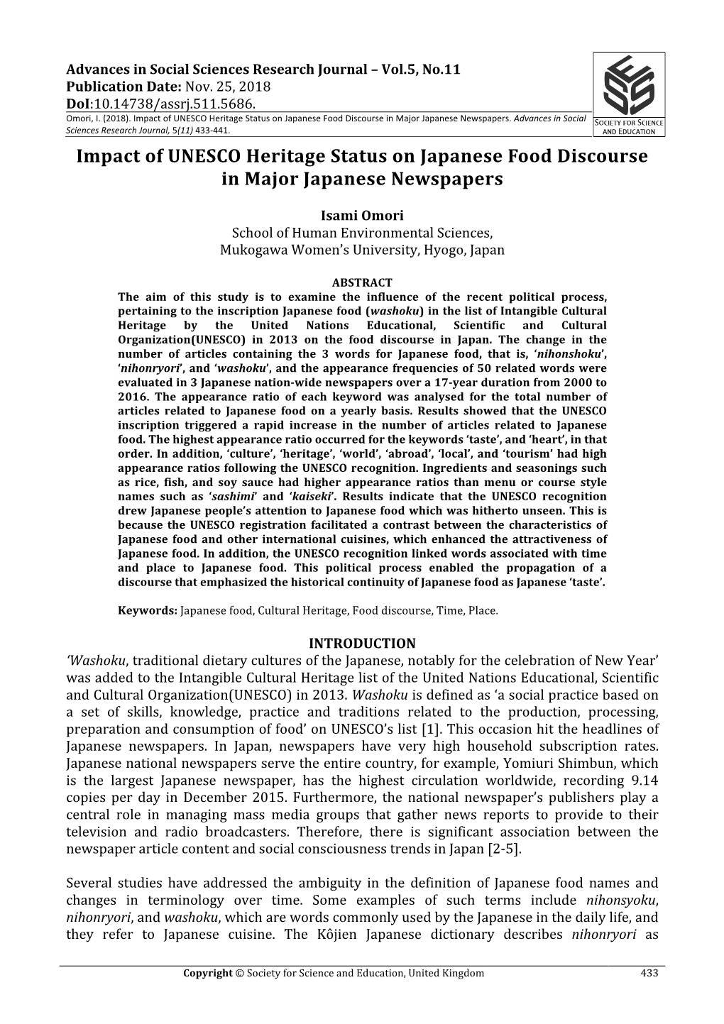 Impact of UNESCO Heritage Status on Japanese Food Discourse in Major Japanese Newspapers