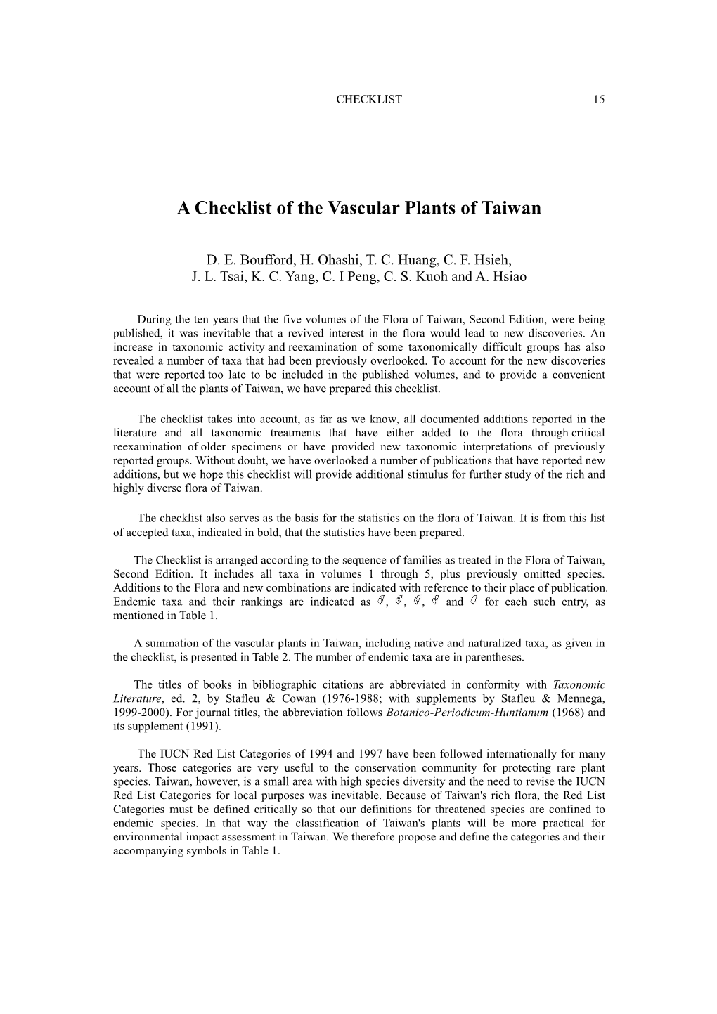 A Checklist of the Vascular Plants of Taiwan