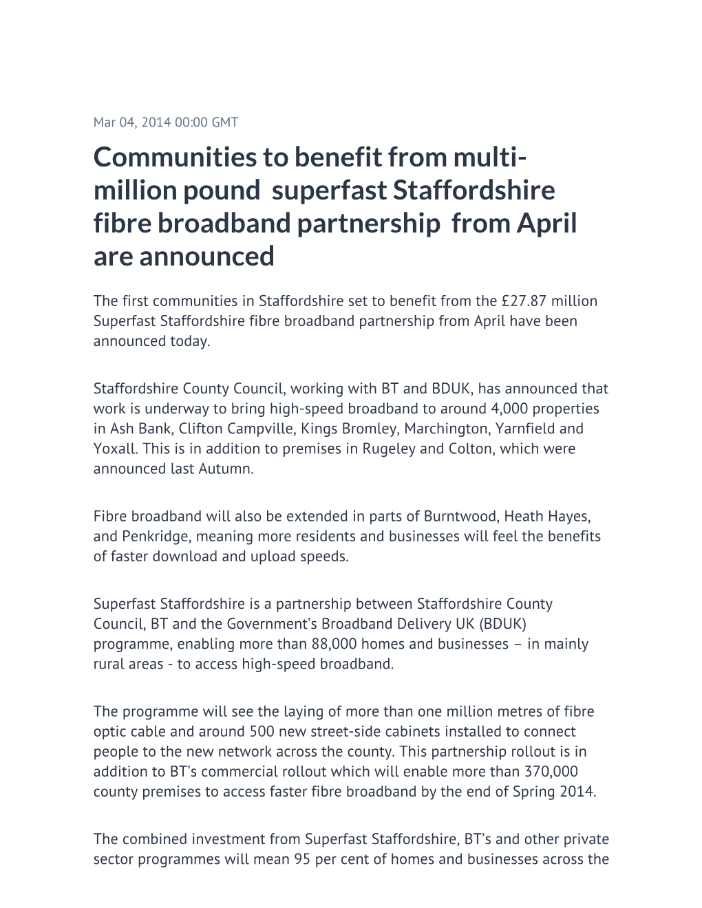 Communities to Benefit from Multi-Million Pound Superfast