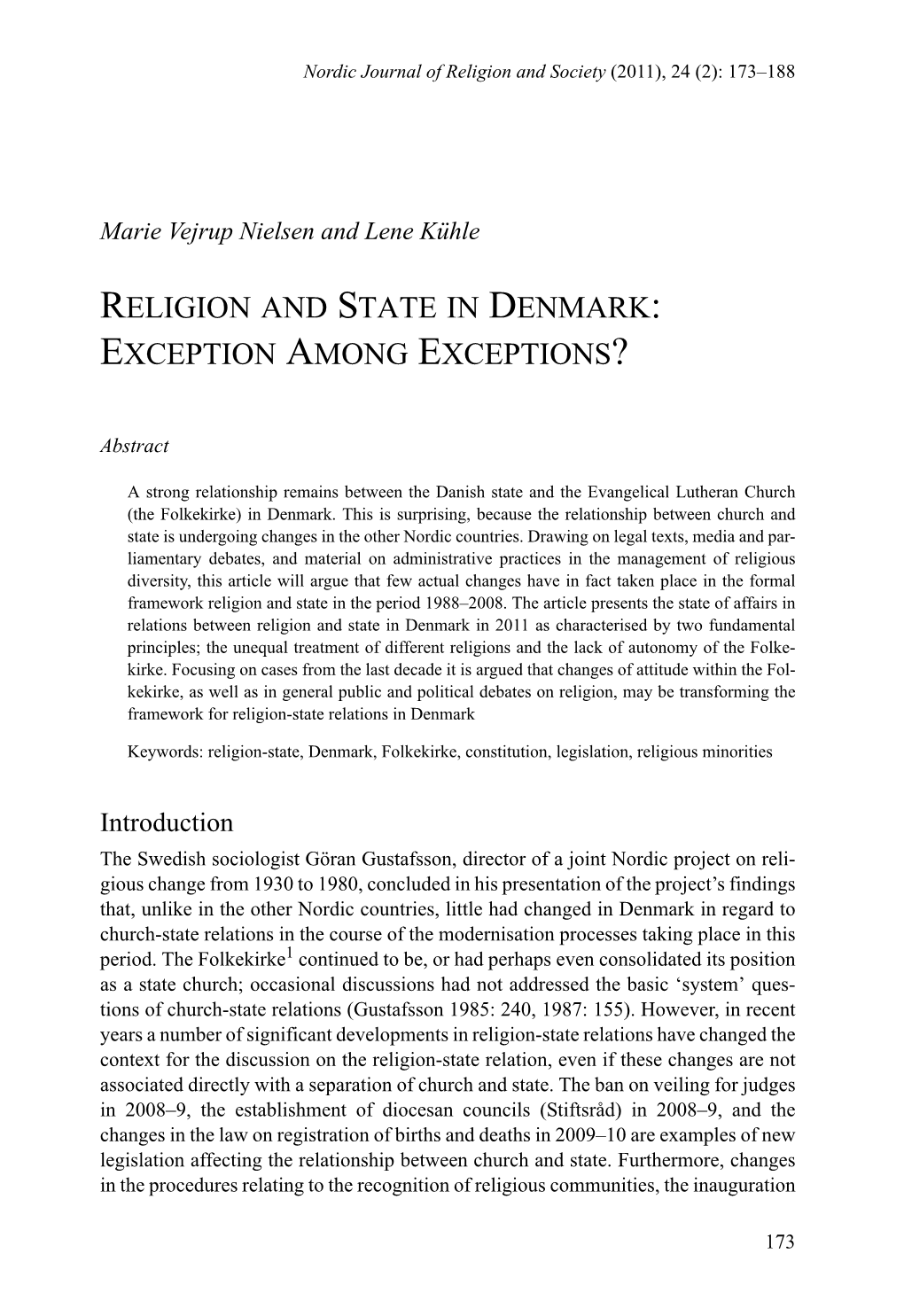 Religion and State in Denmark: Exception Among Exceptions?