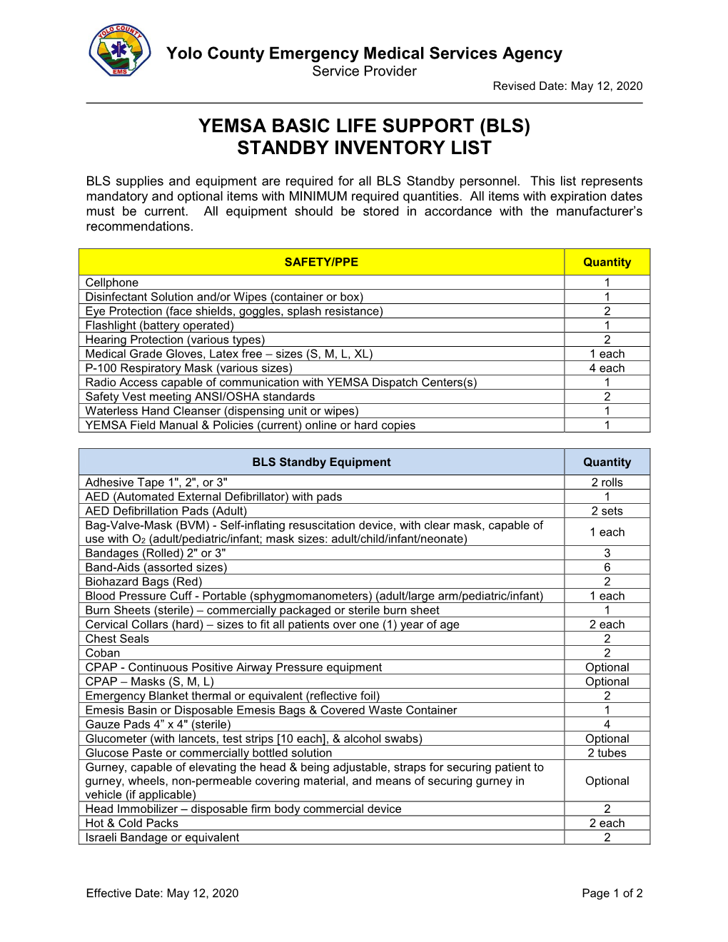 Yemsa Basic Life Support (Bls) Standby Inventory List