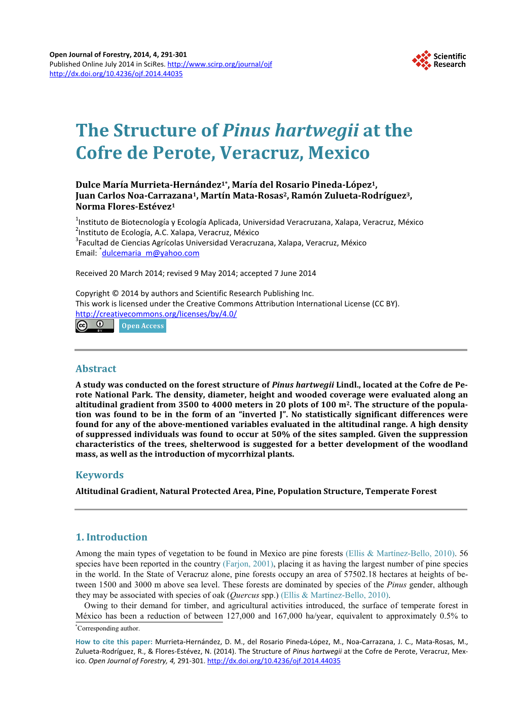 The Structure of Pinus Hartwegii at the Cofre De Perote, Veracruz, Mexico