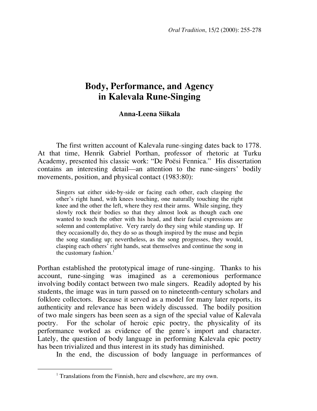 Body, Performance, and Agency in Kalevala Rune-Singing