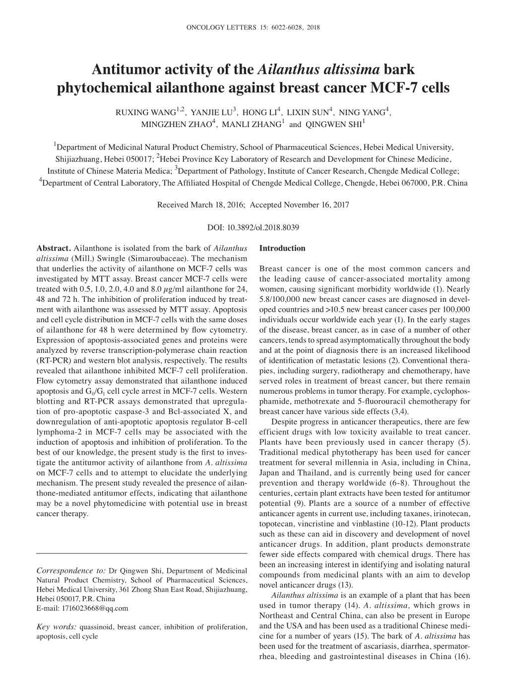 Antitumor Activity of the Ailanthus Altissima Bark Phytochemical Ailanthone Against Breast Cancer MCF‑7 Cells