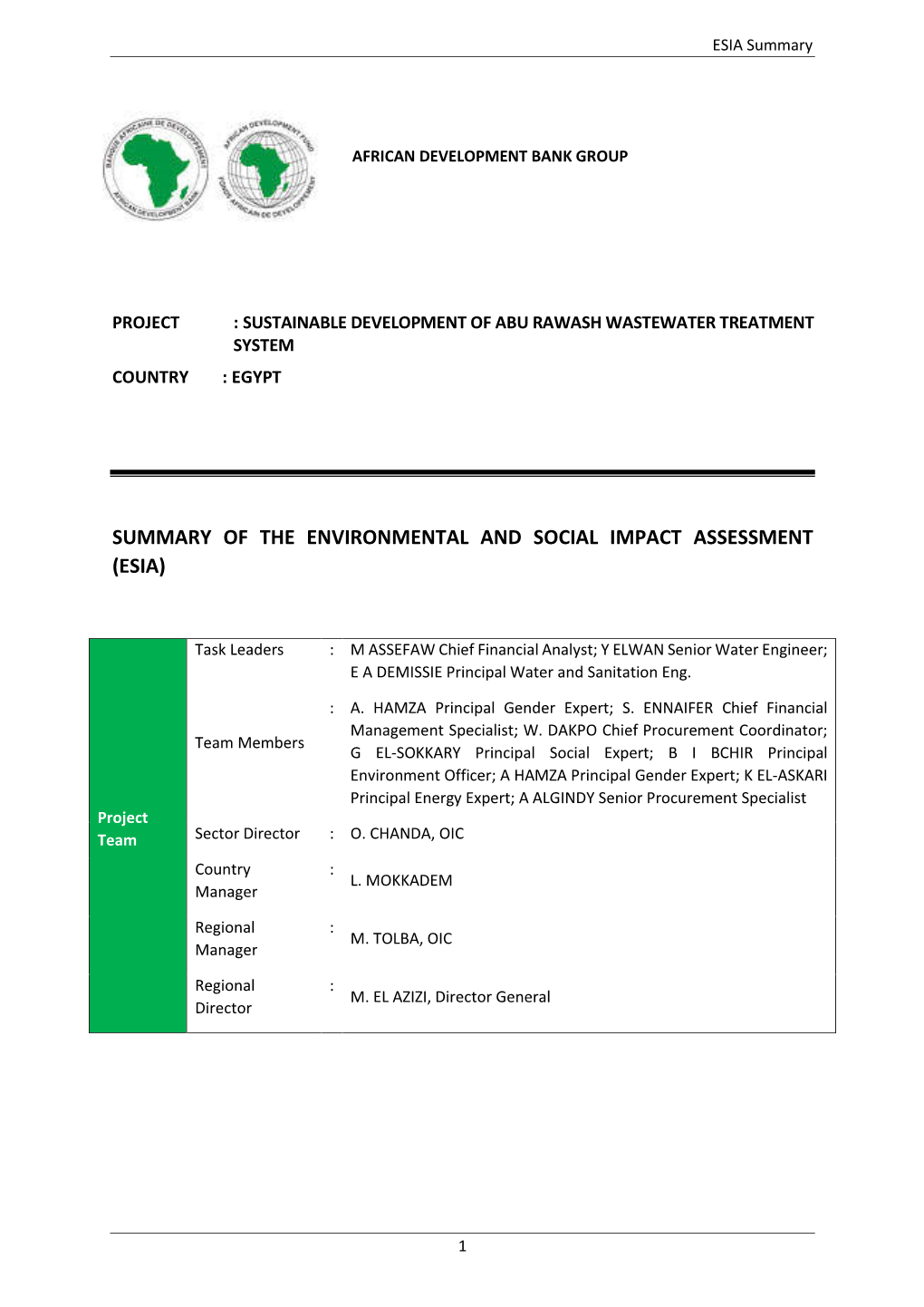 Summary of the Environmental and Social Impact Assessment (Esia)