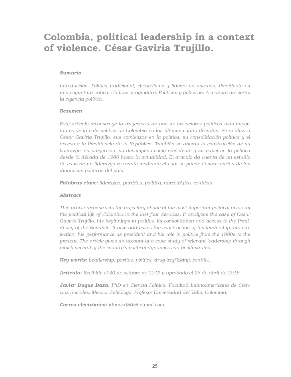 Colombia, Political Leadership in a Context of Violence. César Gaviria Trujillo