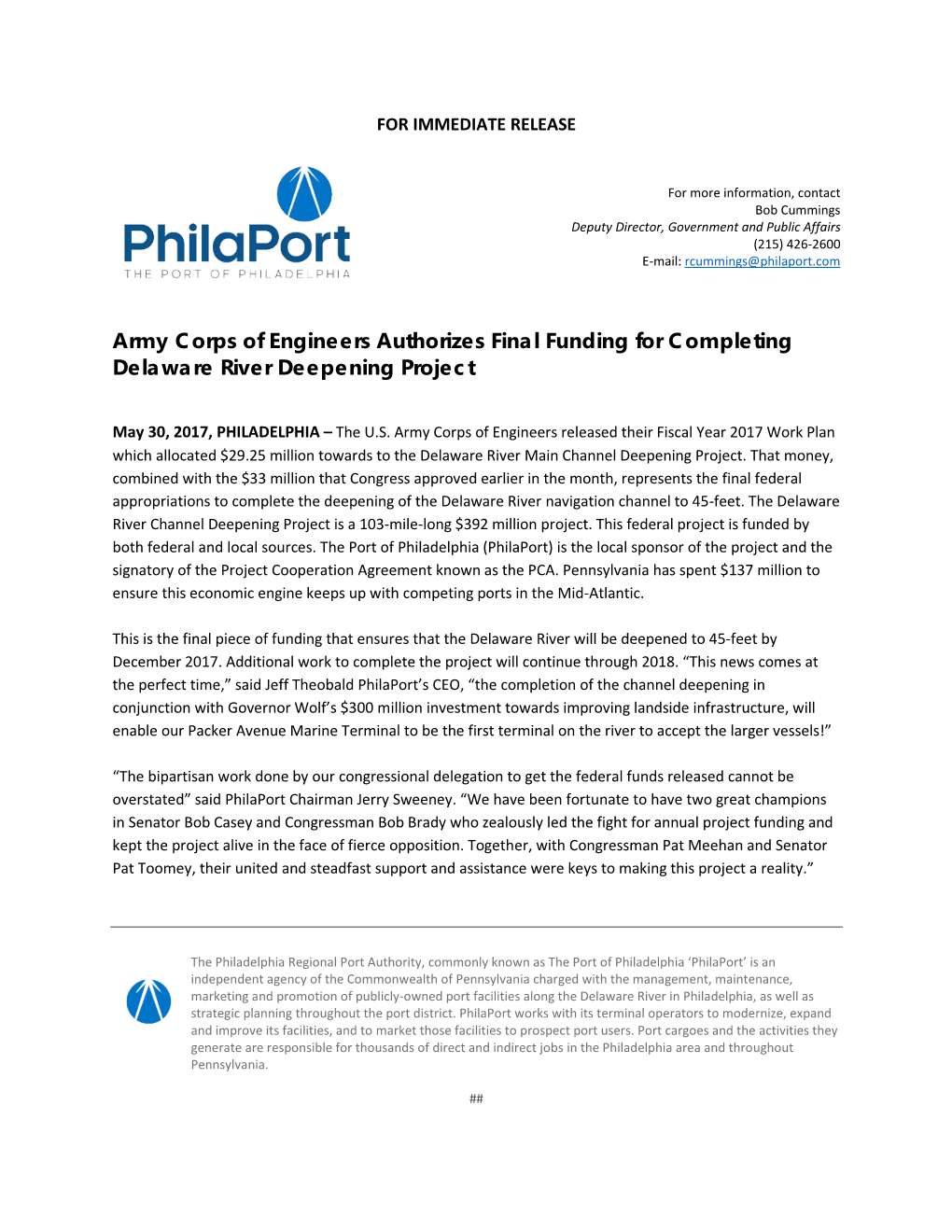 Army Corps of Engineers Authorizes Final Funding for Completing Delaware River Deepening Project