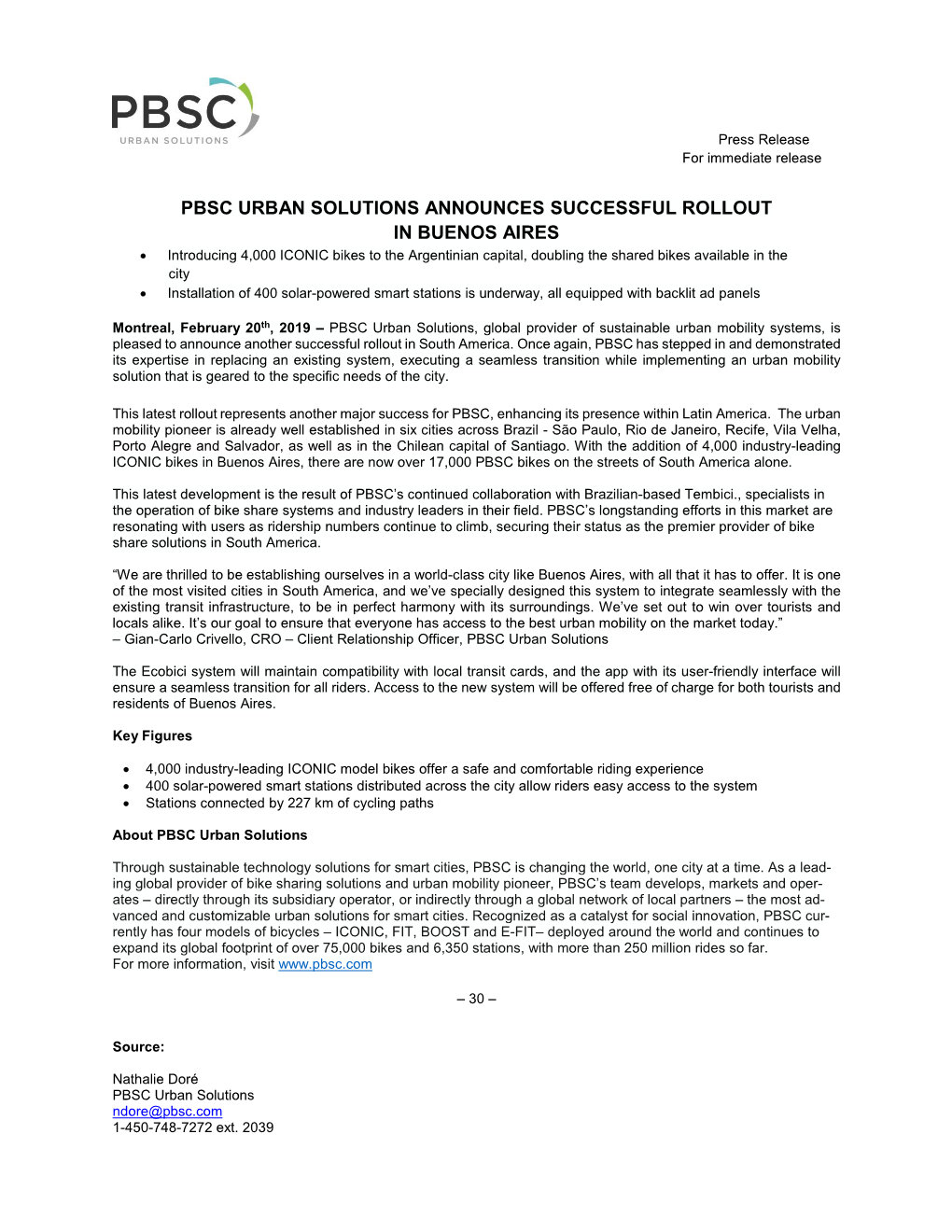 Pbsc Urban Solutions Announces Successful