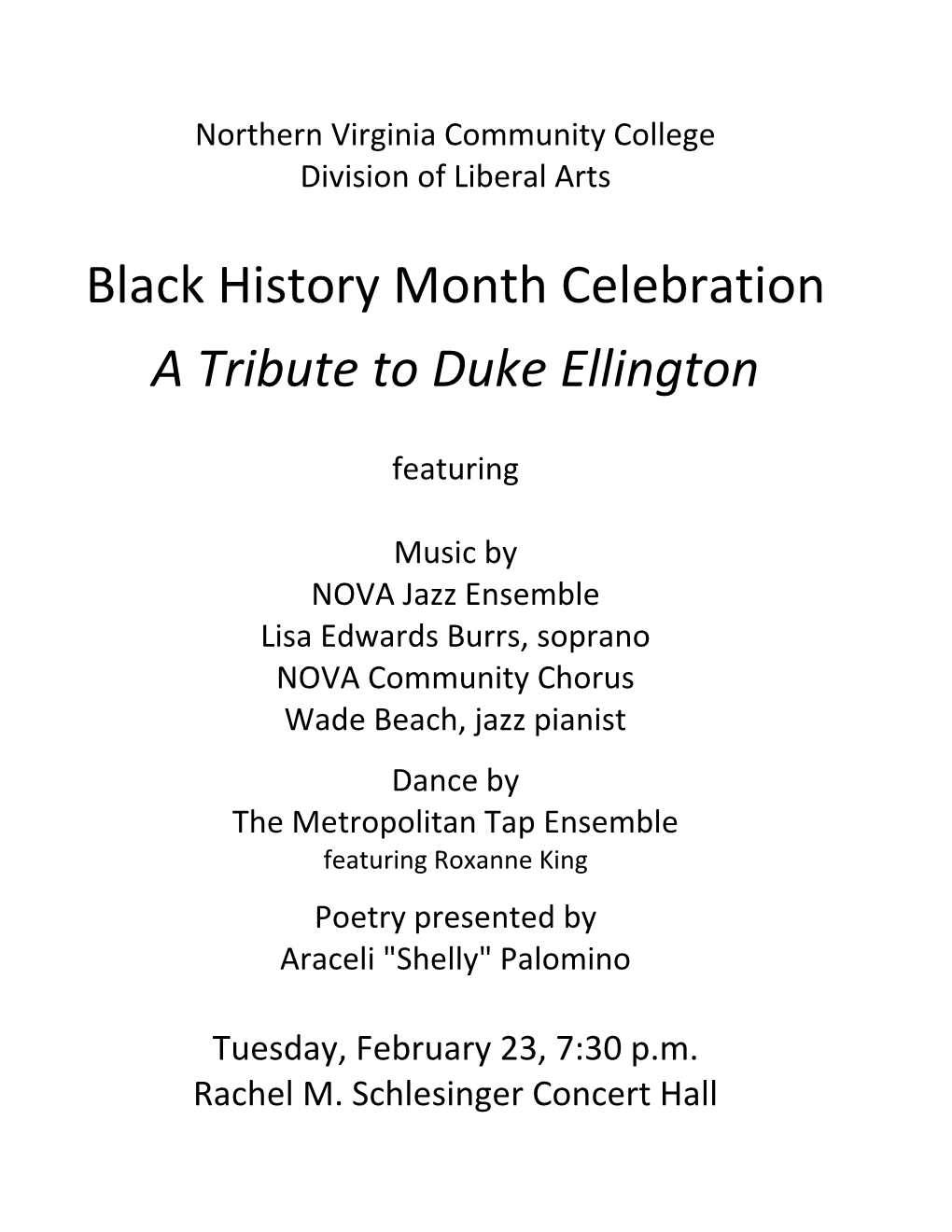 Black History Month Celebration a Tribute to Duke Ellington