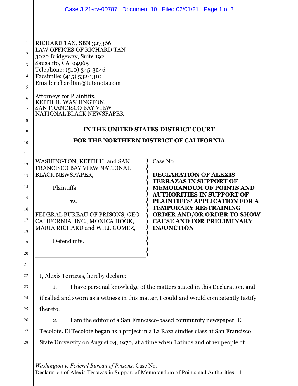 Washington V. Federal Bureau of Prisons, Case No. Declaration of Alexis Terrazas in Support of Memorandum of Points and Authorit