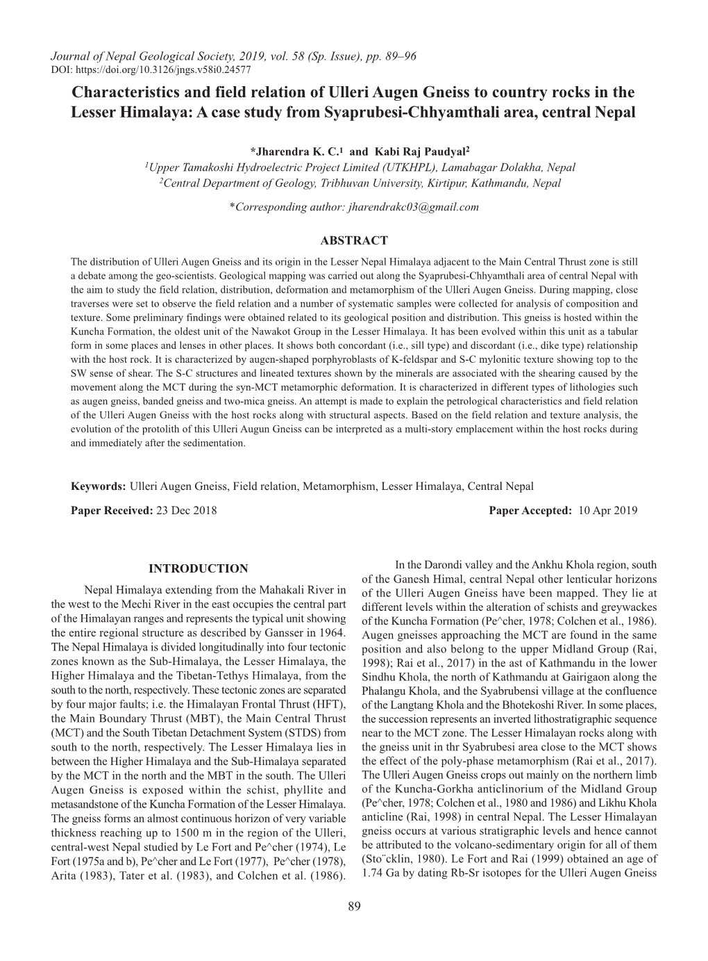 Characteristics and Field Relation of Ulleri Augen Gneiss to Country Rocks in the Lesser Himalaya: a Case Study from Syaprubesi-Chhyamthali Area, Central Nepal