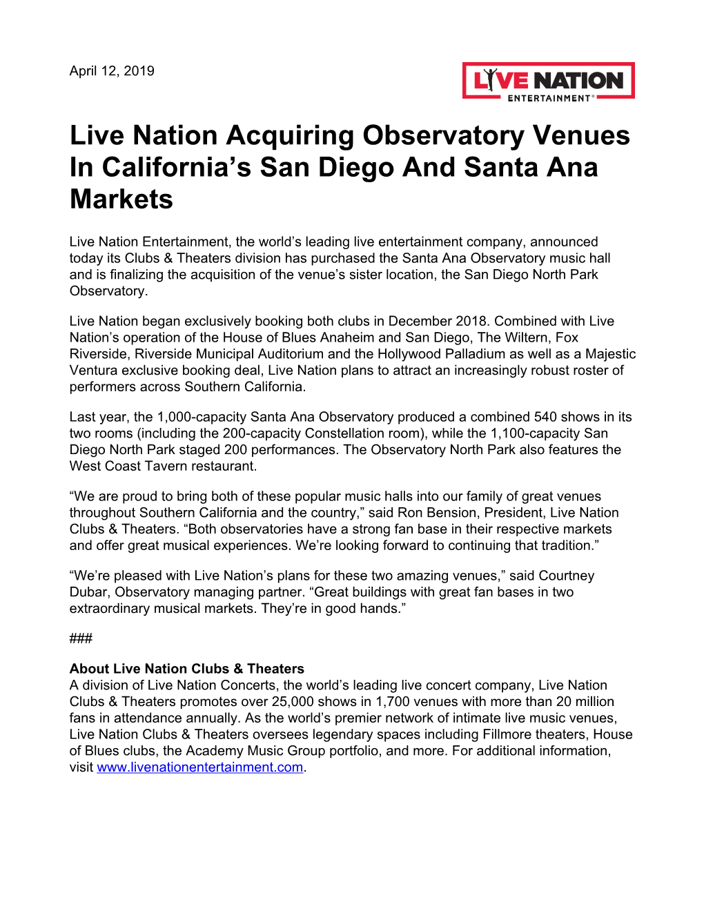 Live Nation Acquiring Observatory Venues in California's San Diego