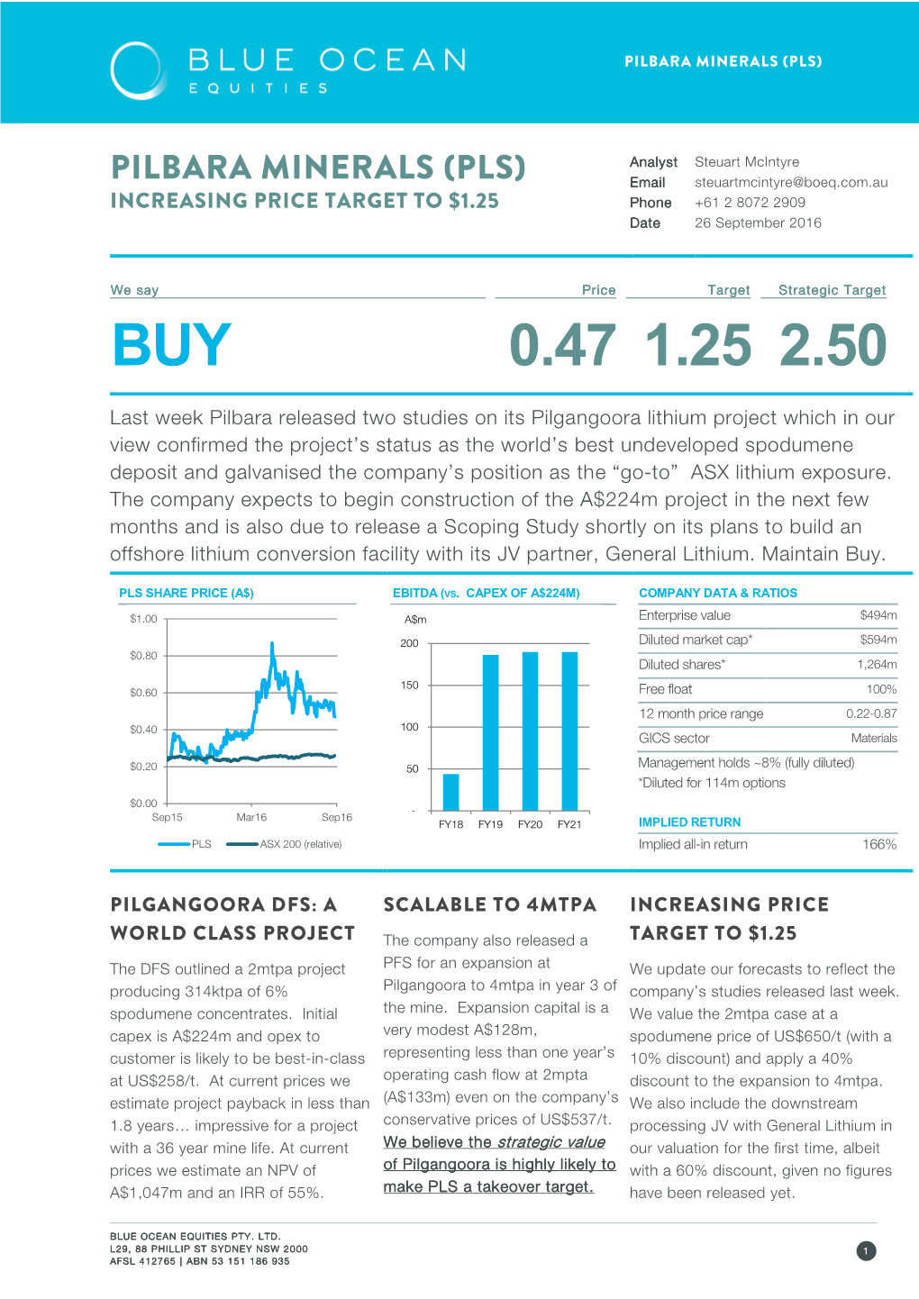 Blue Ocean Equities Report. Increasing Price Target to $1.25