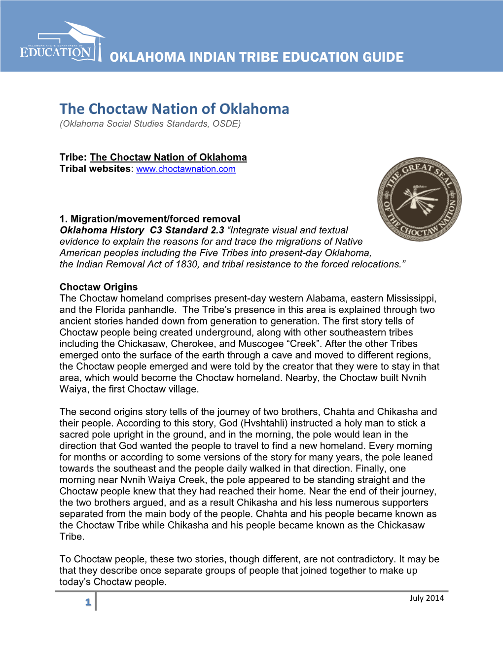 The Choctaw Nation of Oklahoma (Oklahoma Social Studies Standards, OSDE)