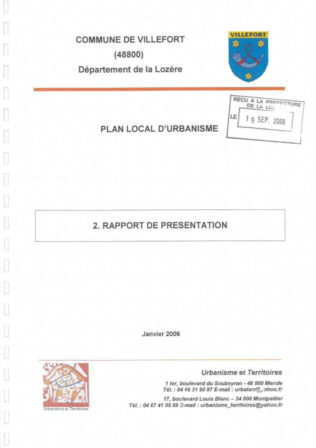 Commune De Villefort (48800) Plan Local D'urbanisme